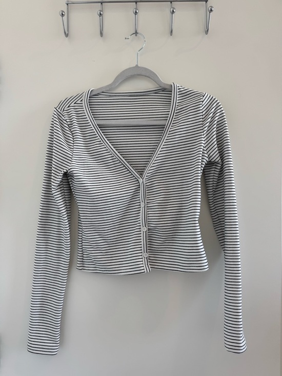 Musera Tops - Musera Black & White Striped Button-Front V-Neck Top